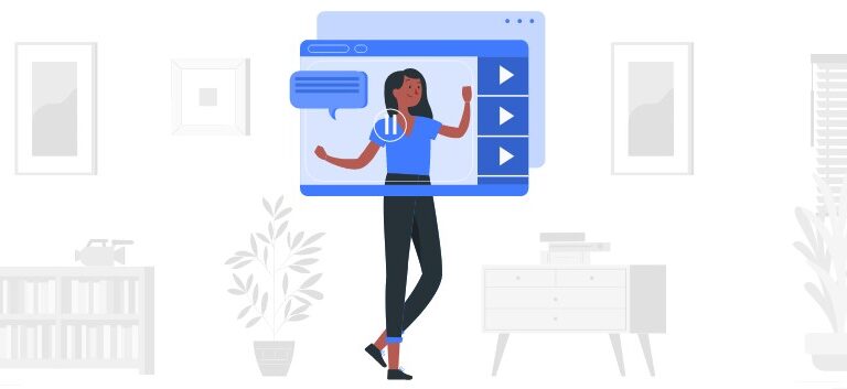 Desenho ilustra menina em uma tela parecida com a de youtube