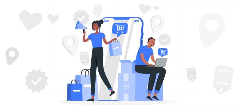 Ilustração mostra pessoas comprando online