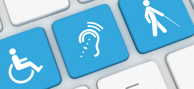 Teclado com 3 teclas azuis, com símbolos de acessibilidade