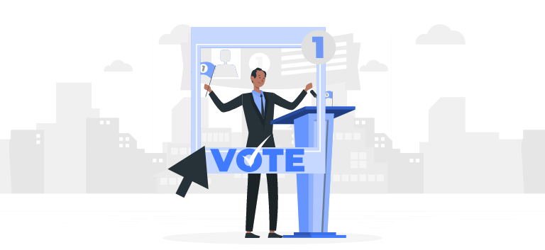 Uma figura de politico de terno discursando em uma bancada. Em frente tem um enorme letreiro dizendo "VOTE" e uma flecha apontando para o político