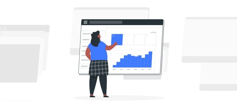 Ilustração de uma mulher de costas clicando em uma tela gigante com gráficos em cor azul.