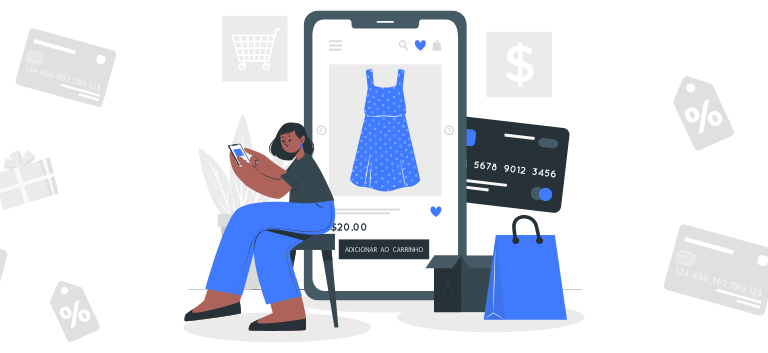 Figura de uma mulher sentada com as pernas cruzadas e segurando e observando um celular. No coentro da imagem um celular gigante em que há um desenho de um vestido na tela. À direita há um cartão de crédito gigante e sacolas no chão.