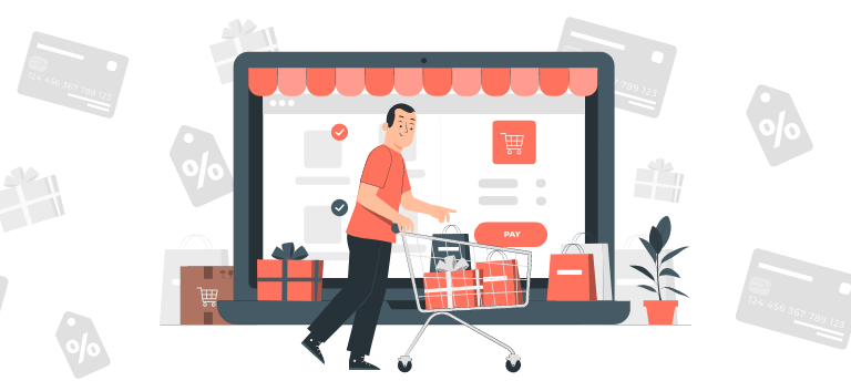 Homem andando com um carrinho cheio de compras e ao fundo imagens de cartão de crédito, etiquetas, embalagens de presente e uma loja no formato de uma tela de computador