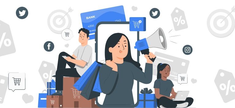 Pessoas mexendo em celulares e notebooks com pagotes e sacolas de compras. Ao fundo, ícones de redes sociais.