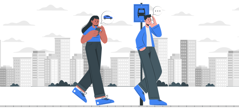 arte ilustrativa mostra uma pessoa ao lado de uma placa de taxi enquanto a pessoa ao lado pede um Uber pelo WhatsApp