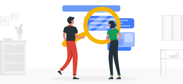 ilustração com vetores de pessoas segurando lupa em uma pagina da internet core update de semtembro do google