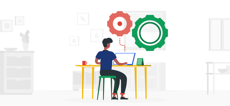 Ilustração de um homem sentado em fretne a uma mesa e um notebook. Na imagem aparecem engrenagens gigantes coloridas