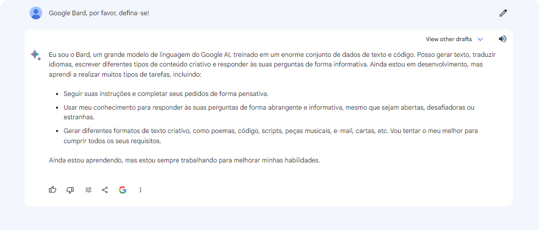 Tela do Bard com a pergunta "Bard, por favor, defina-se" e logo abaixo, a resposta da inteligência artificial.