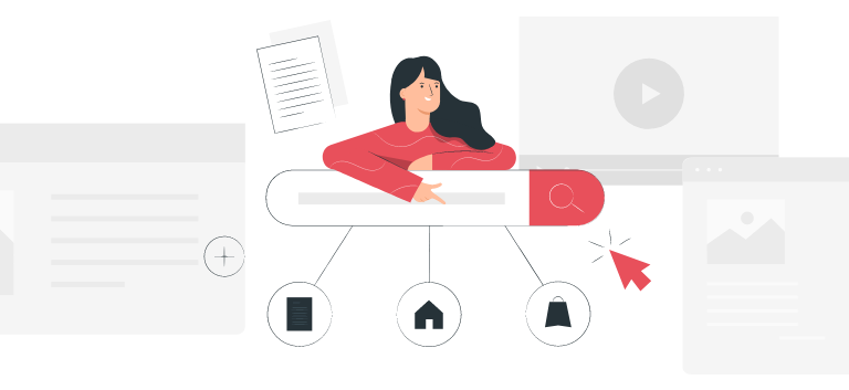 Em vetor, mulher apontando para as etapass de migração de sites