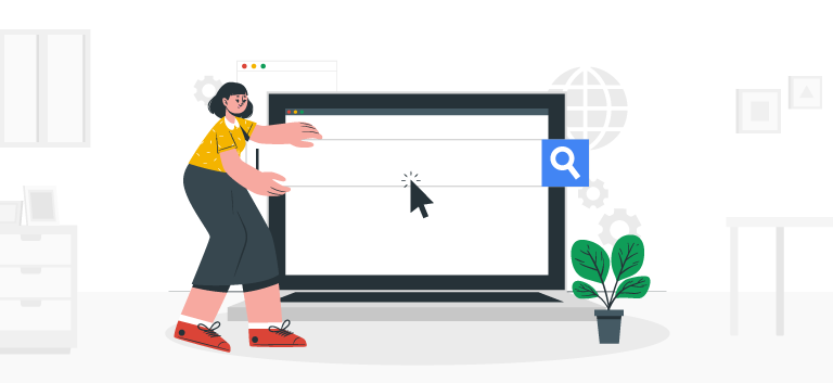 Mulher ao lado de uma tela gigante de computador, segurando a barra de pesquisa de um buscador