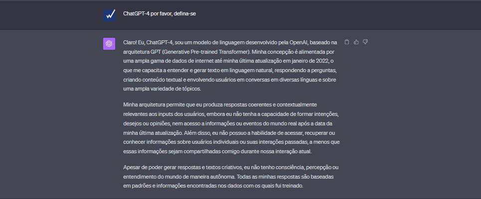 Tela do Chat GPT com a pergunta "Chat GPT-4 por favor, defina-se" e logo abaixo, a resposta da inteligência artificial.